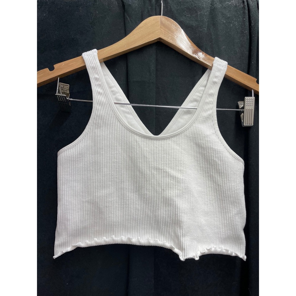 Spiritual Gangster Womens White Ribbed V-Neck Cropped Tank Top Hamsa Logo M/L